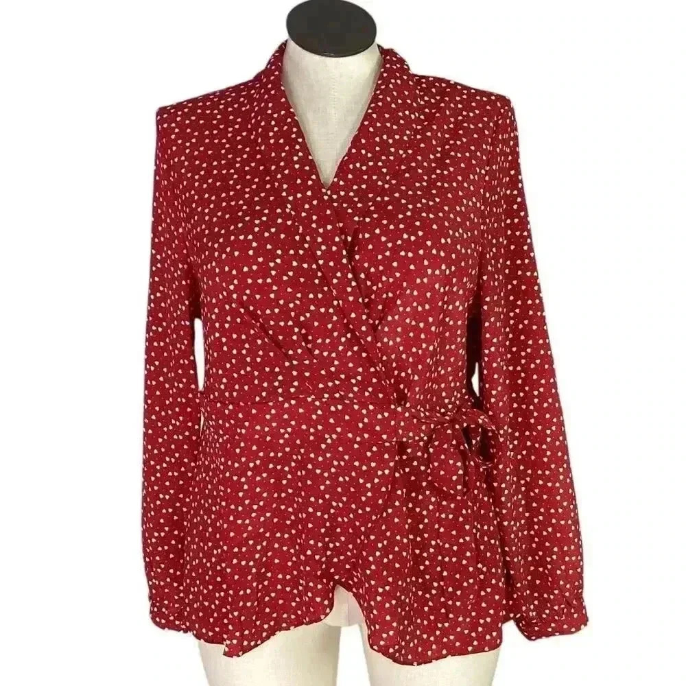 Grace Karin Wrap Top Womens 2XL Red White Hearts Peplum Long Sleeve Valentines